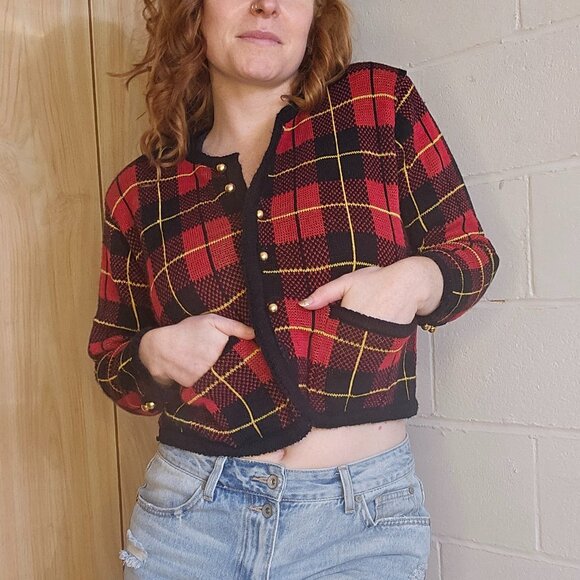 Vintage Office Siren Mobwife Academia Preppy Goth Red Plaid Button Down Cardigan - Picture 5 of 10